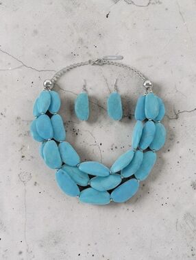 NWT SASSIFIED BOUTIQUE Turquoise Stone Multi-Strand Necklace & Earrings Set